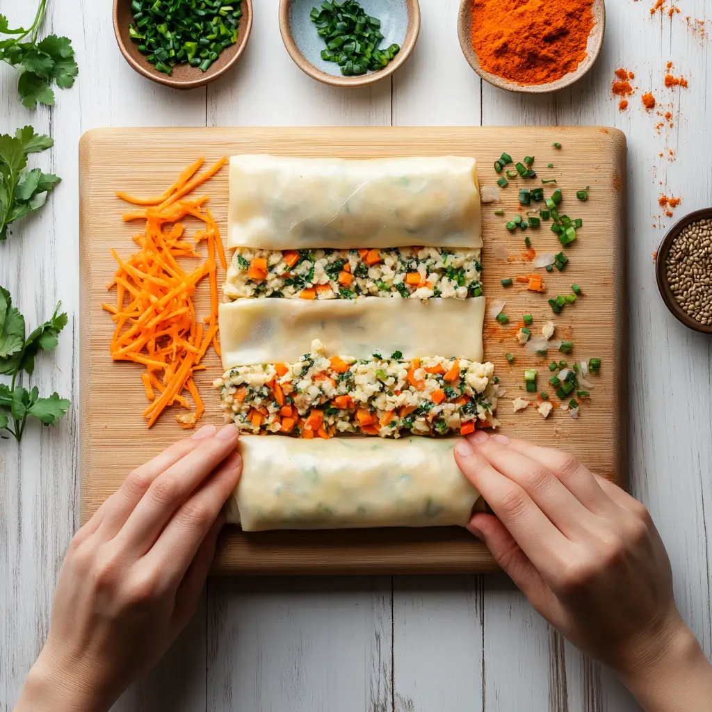 Rolling veggie egg roll with fresh filling