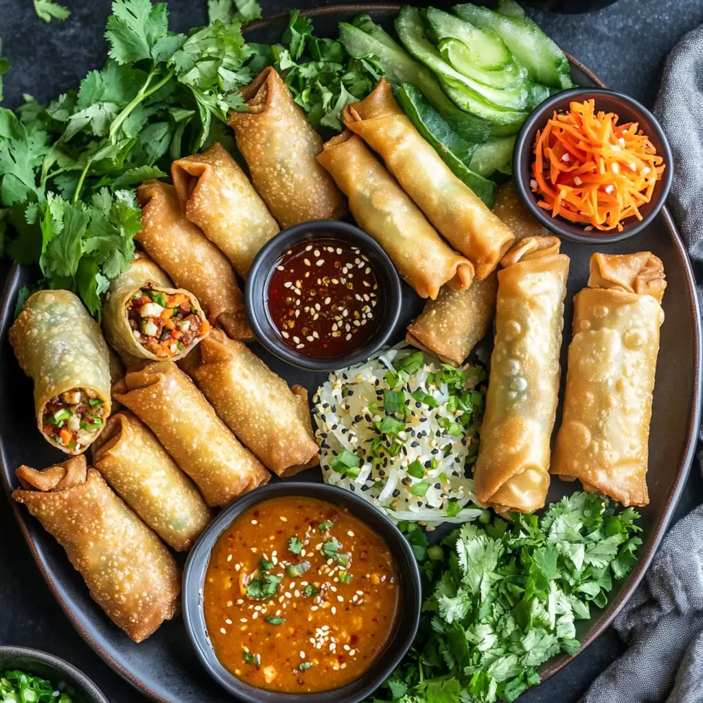 Veggie egg roll platter with dipping sauces