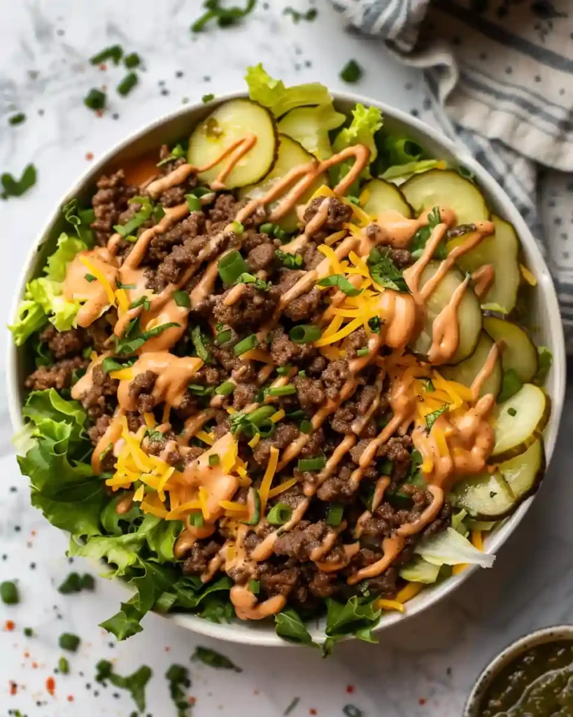 Big Mac salad bowl with healthy sauce drizzled on top