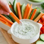 Creamy cottage cheese ranch dip in a white bowl with fresh vegetables, served on a wooden board in a modern kitchen