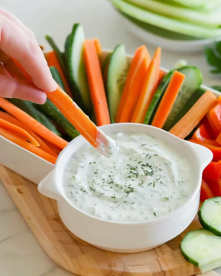 Creamy cottage cheese ranch dip in a white bowl with fresh vegetables, served on a wooden board in a modern kitchen