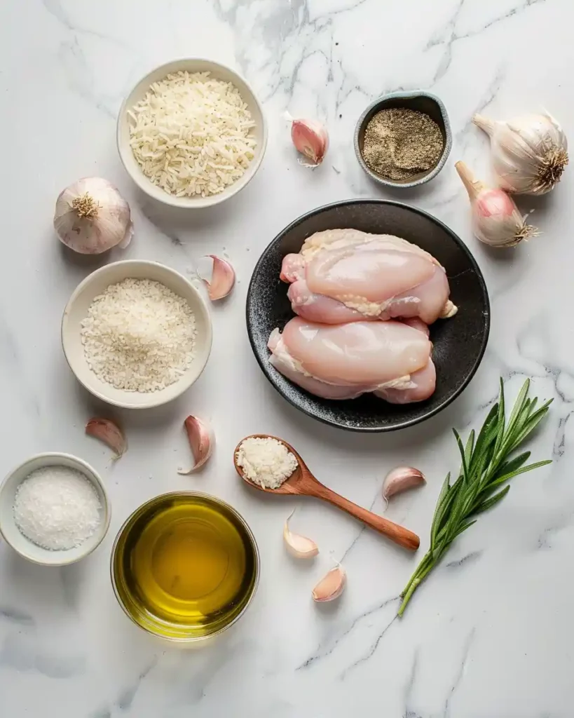 aw ingredients for creamy smothered chicken and rice on a countertop