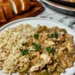 Creamy smothered chicken and rice served in a white ceramic pan