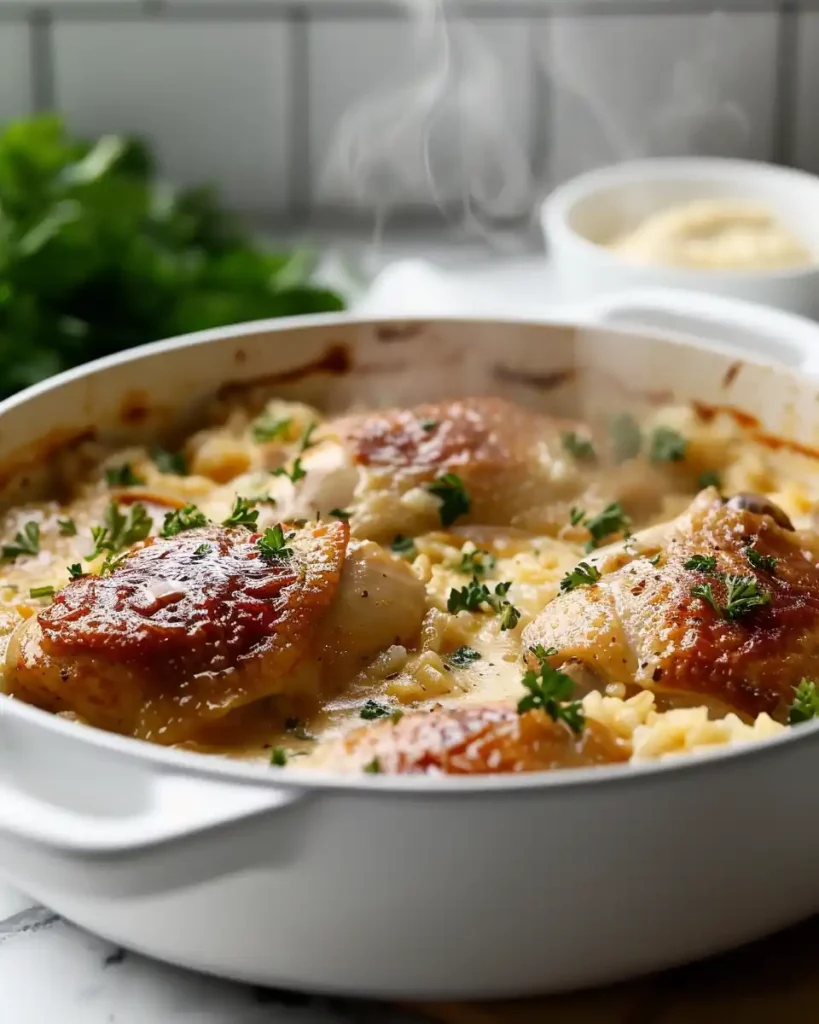 Creamy smothered chicken and rice served in a white ceramic pan