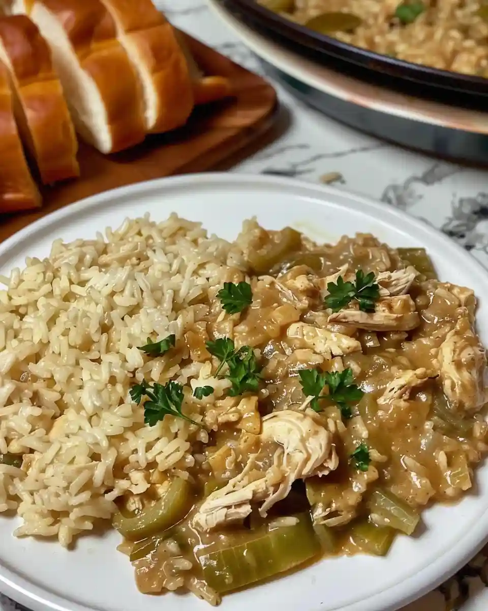 Creamy smothered chicken and rice served in a white ceramic pan