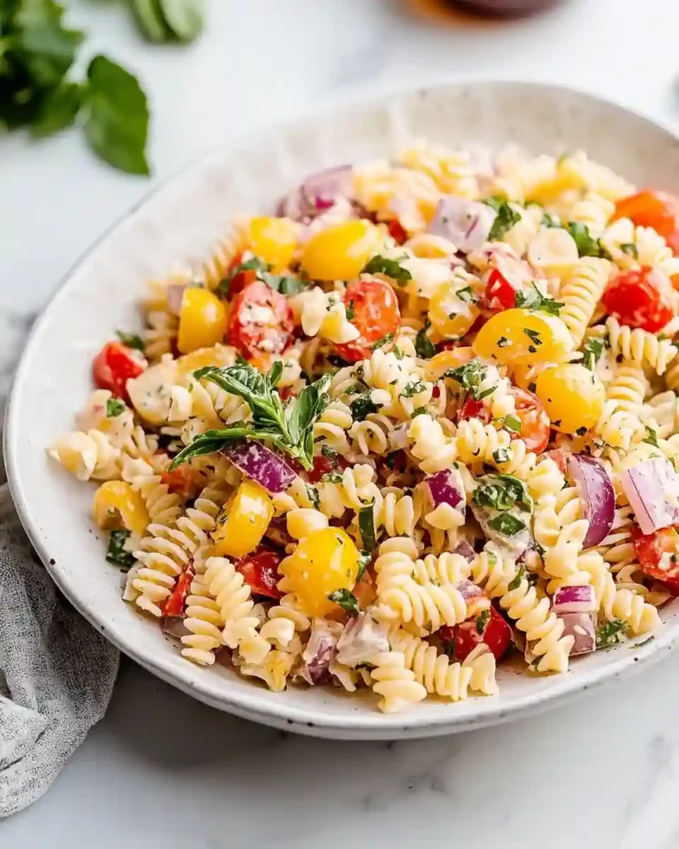 Grinder pasta salad on white platter with colorful vegetables and creamy dressing
