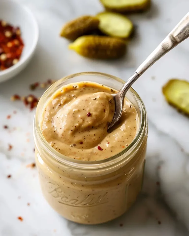 Creamy healthy Big Mac sauce in a white ceramic bowl, with a blurred healthy burger in the background, showcasing its rich texture.