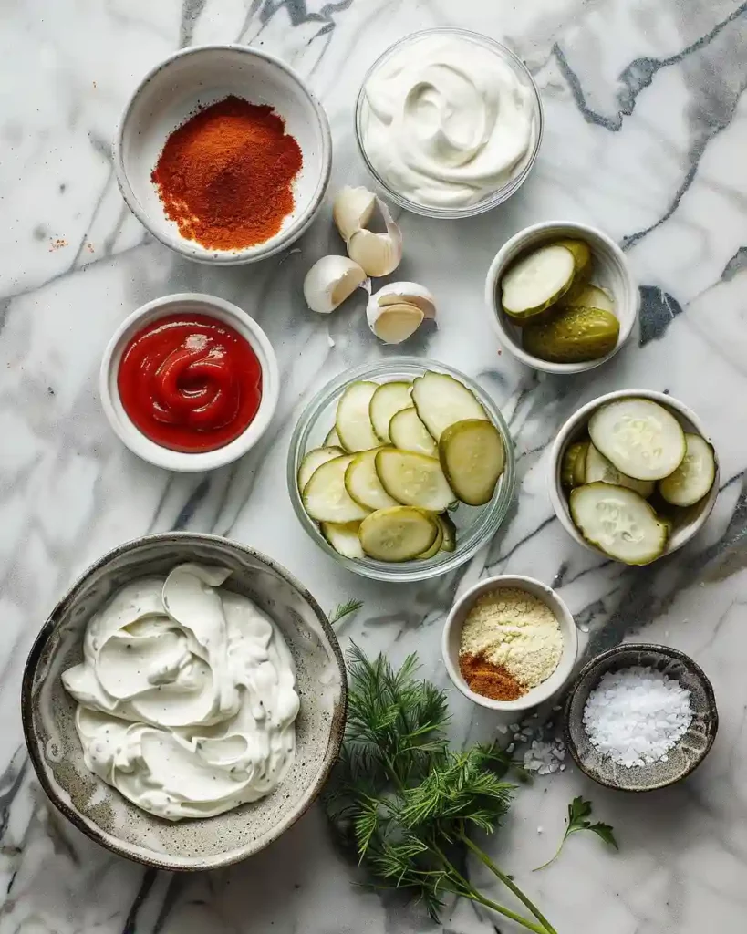Flat lay of ingredients for healthy Big Mac sauce including yogurt, ketchup, mustard, and pickles