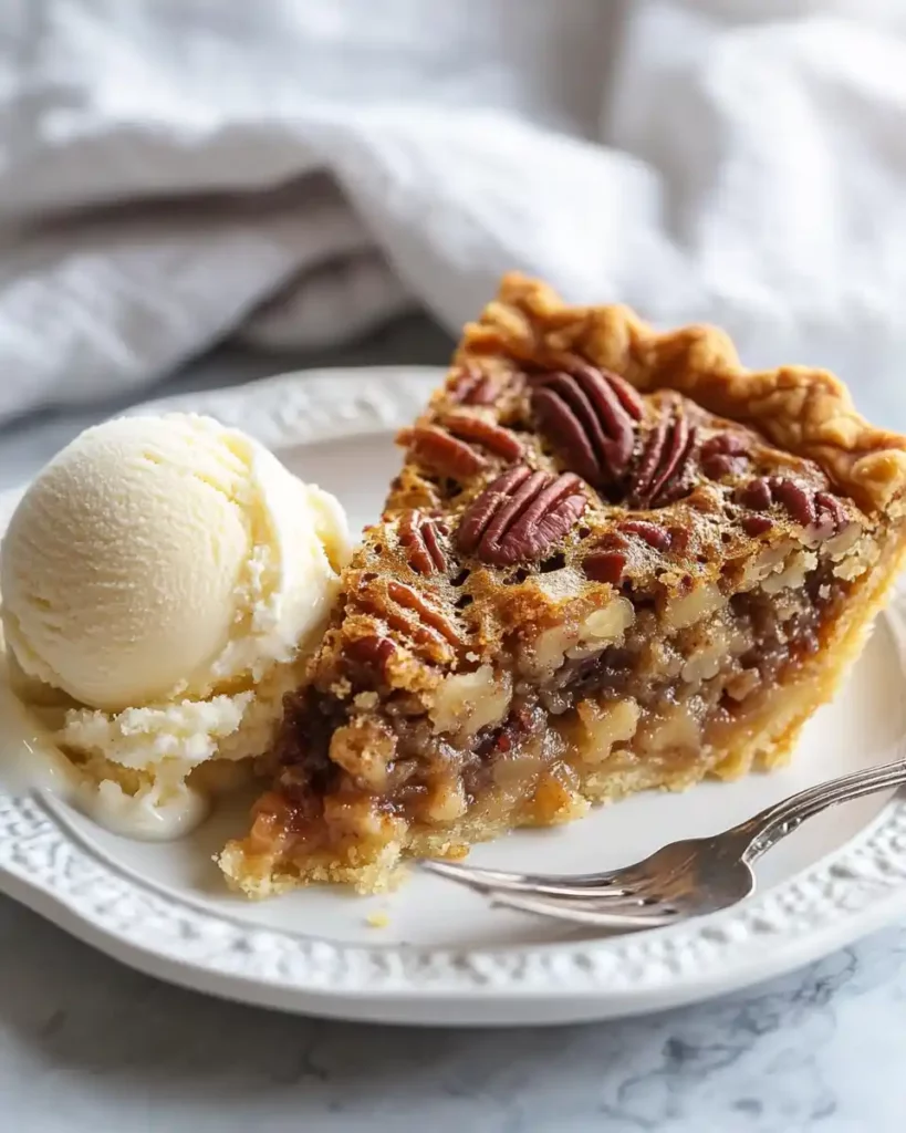 Slice of pecan pie dump cake with vanilla ice cream on top