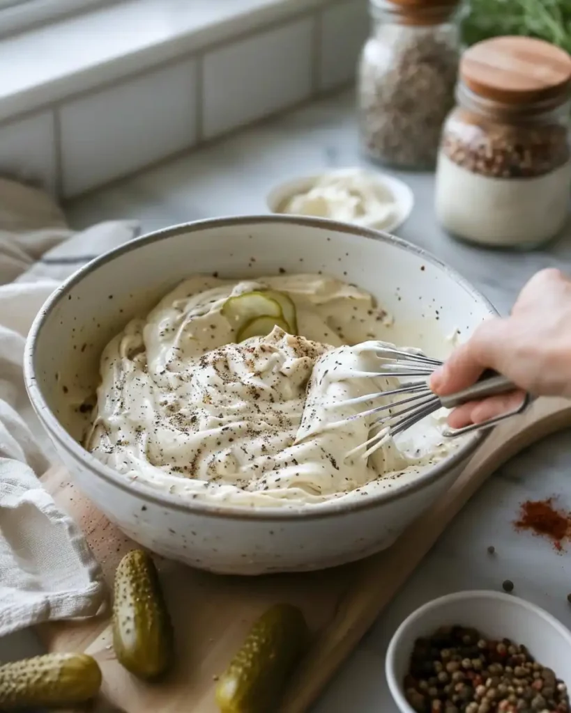 Whisking healthy Big Mac sauce in a bowl
