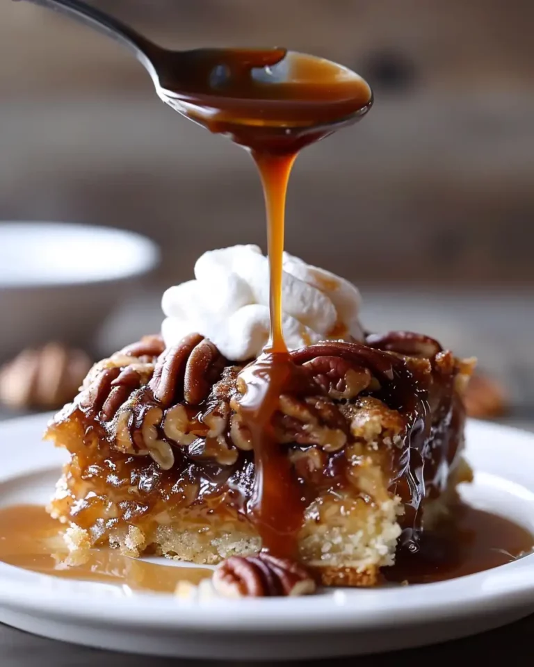 Gooey pecan pie dump cake in baking dish