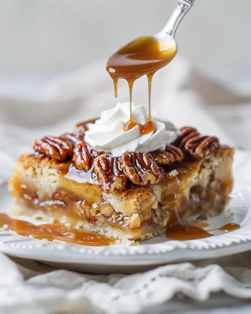 Close-up of pecan pie dump cake with whipped cream and caramel drizzle
