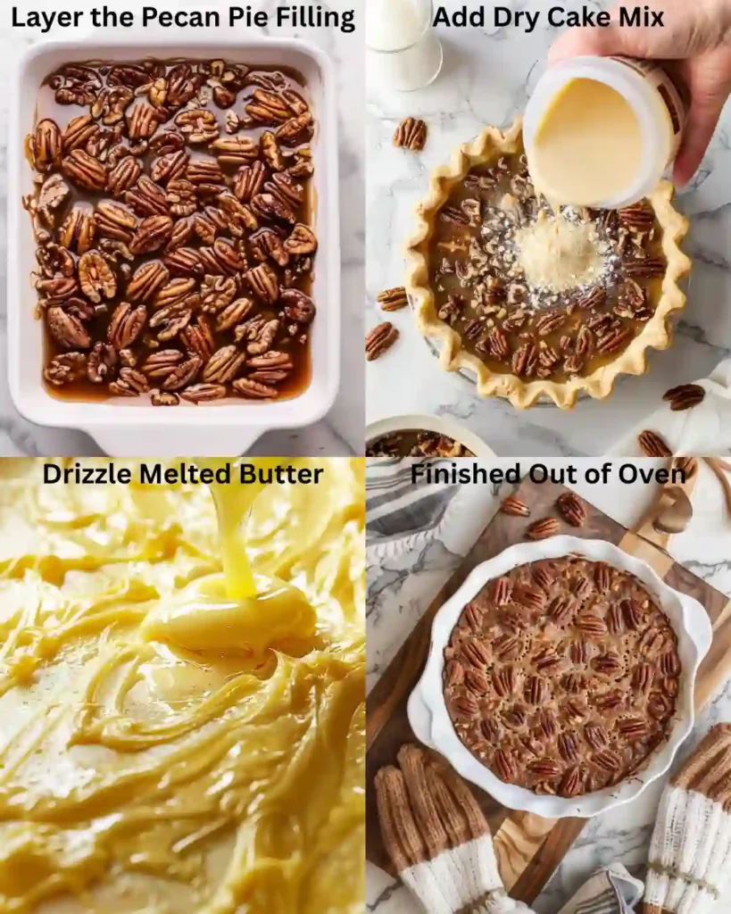Pecan pie filling spread in a baking dish