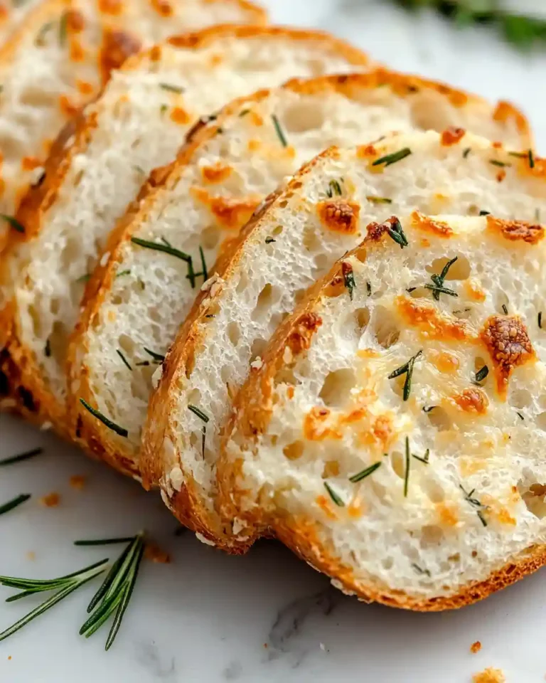 Close-up of airy crumb of sliced rosemary parmesan bread with cheese and rosemary