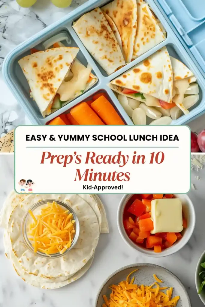 Cheesy mini quesadillas cut into wedges, packed in a kids lunchbox with fruit and veggies.