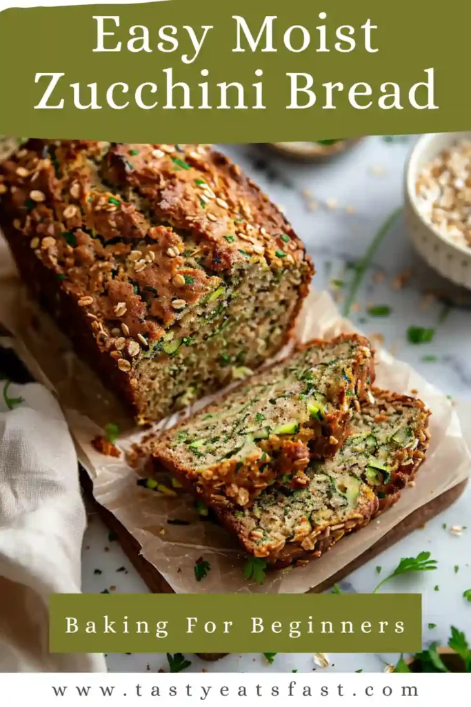 Freshly baked zucchini bread loaf with slices on wooden board, golden brown crust and moist interior.