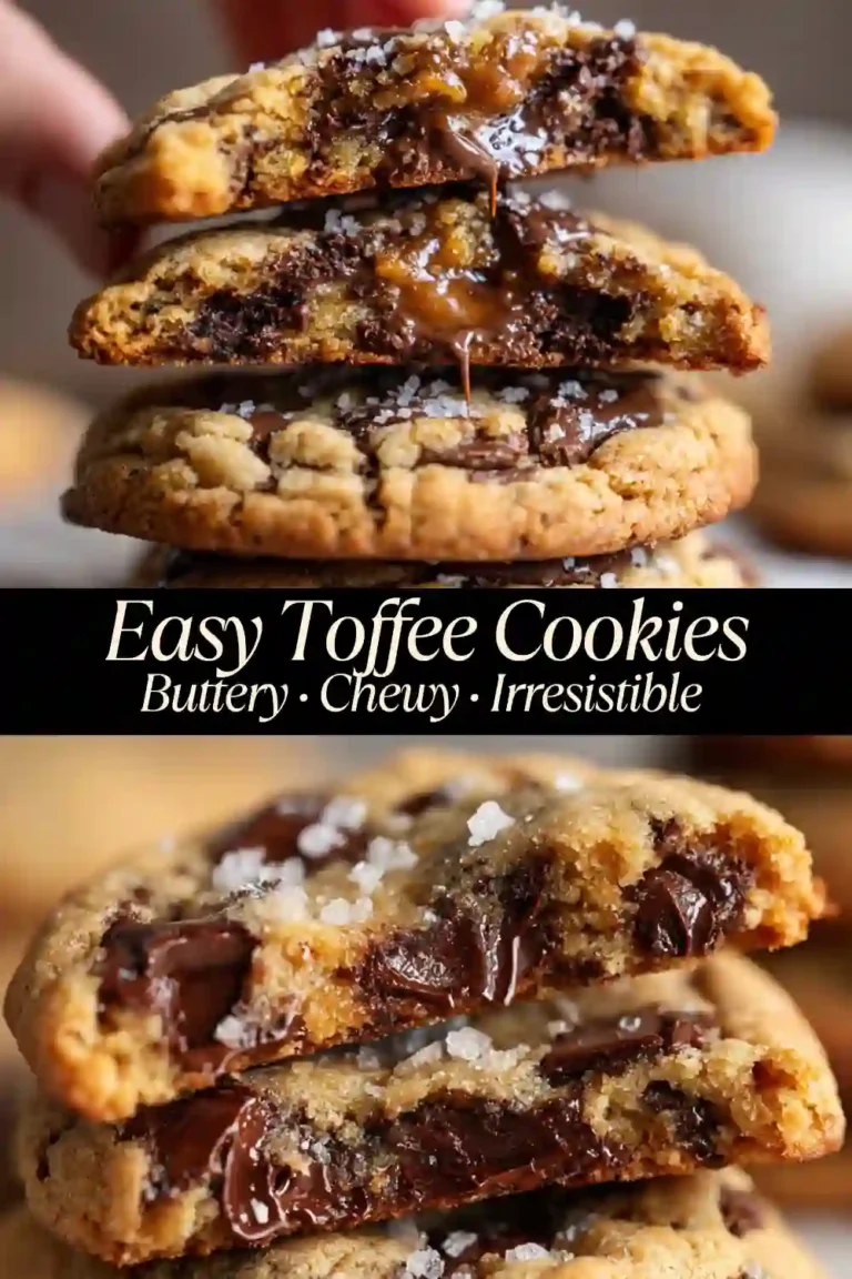 A stack of gooey chocolate toffee cookies topped with flaky sea salt, showing their melty centers and golden-brown texture.