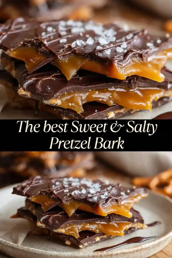 Close-up of gooey salted caramel pretzel bark topped with sea salt and dark chocolate, stacked on a plate.