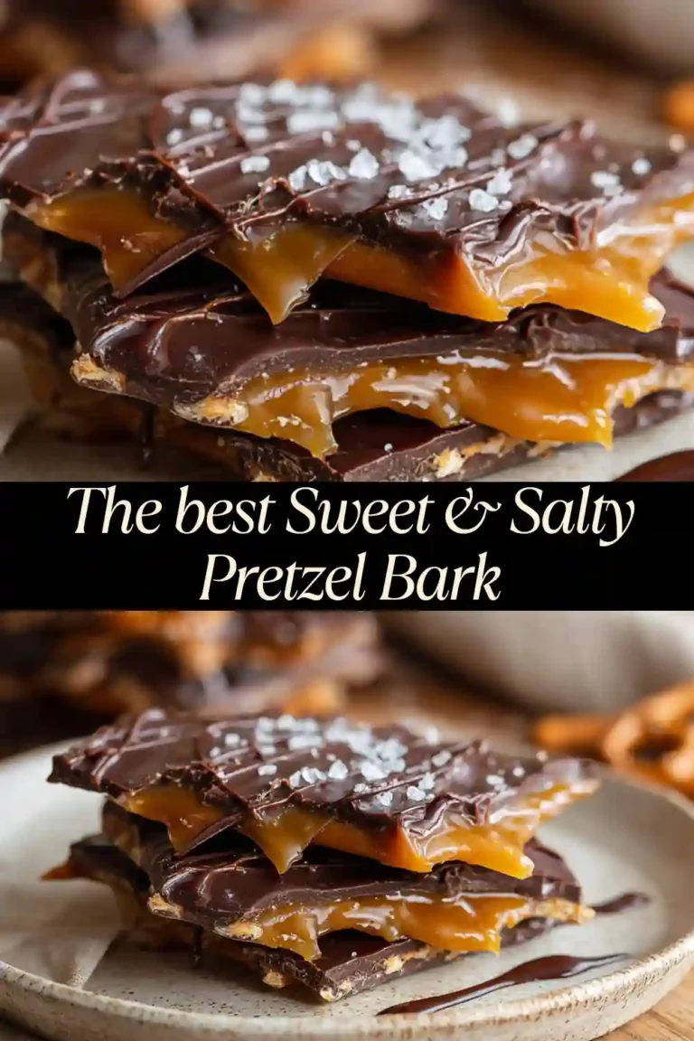 Close-up of gooey salted caramel pretzel bark topped with sea salt and dark chocolate, stacked on a plate.