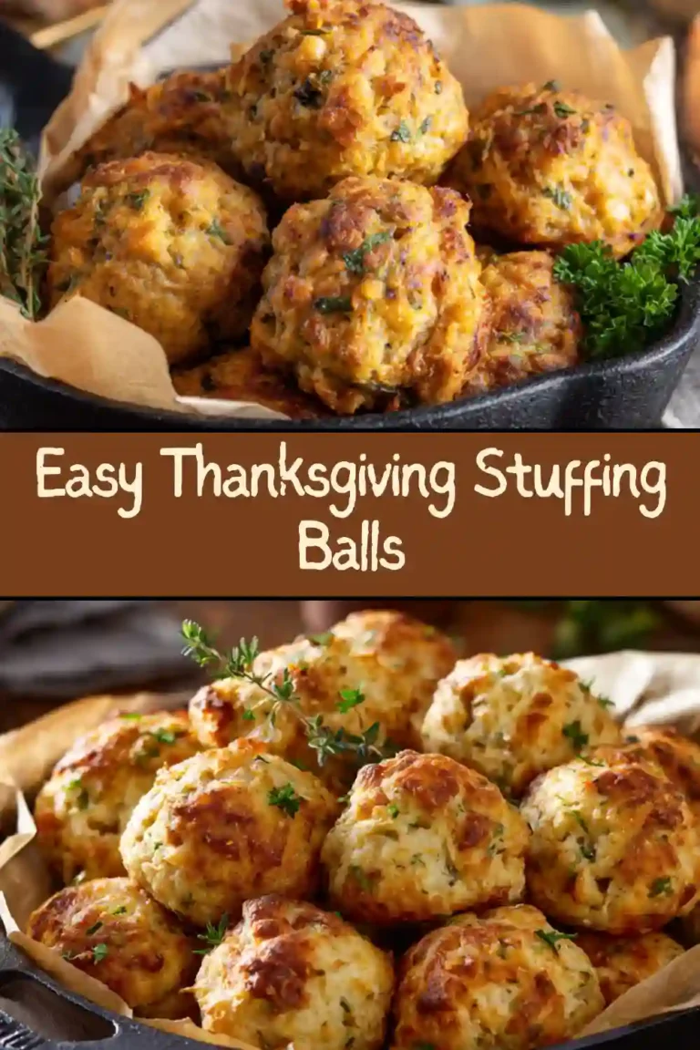 Close-up of golden-brown Thanksgiving stuffing balls served on a white plate with fresh herbs and a small bowl of cranberry sauce in the background.