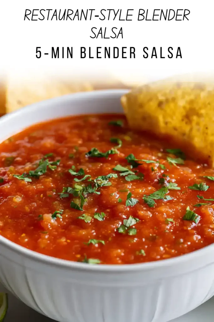 A bowl of vibrant red homemade salsa with chopped herbs and tortilla chips on the side; classic Mexican-style dip made in a blender.