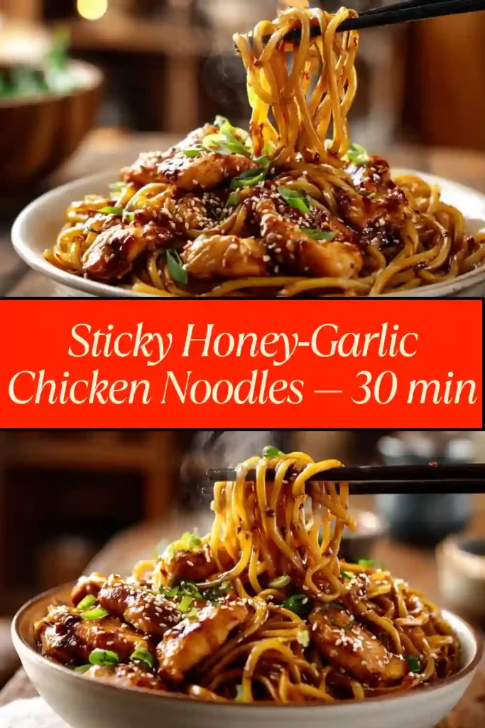 Sticky Garlic Chicken Noodles | Easy Weeknight Dinner 1 Bowl of sticky garlic chicken noodles topped with sesame seeds and green onions, with chopsticks resting on the side.