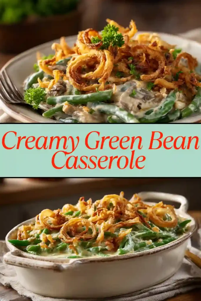 Freshly baked green bean casserole with golden crispy onions, creamy sauce, and vibrant green beans in a white ceramic baking dish