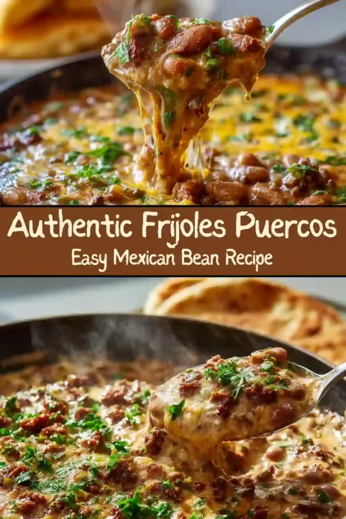 A bowl of creamy Mexican frijoles puercos topped with melted cheese, chorizo, and fresh cilantro, served with tortillas on a rustic plate.