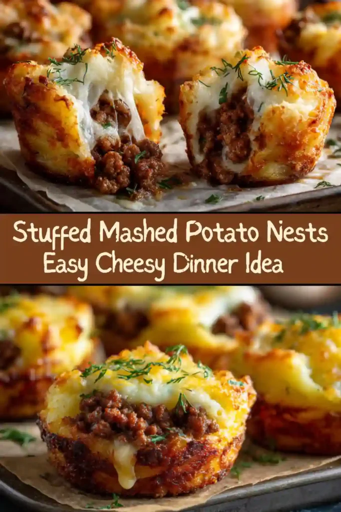 Golden mashed potato nests filled with seasoned ground beef and melted cheese, garnished with fresh herbs on a white plate.