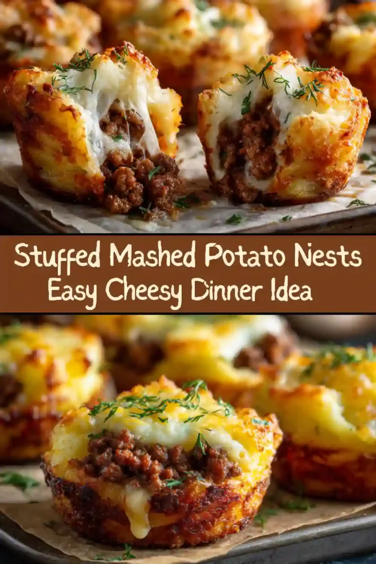Golden mashed potato nests filled with seasoned ground beef and melted cheese, garnished with fresh herbs on a white plate.