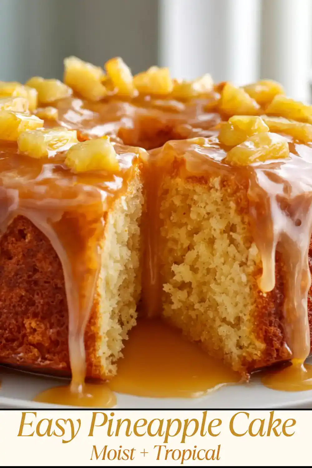 pineapple juice cake topped with pineapple glaze, sliced and served on a white plate with pineapple pieces in the background.